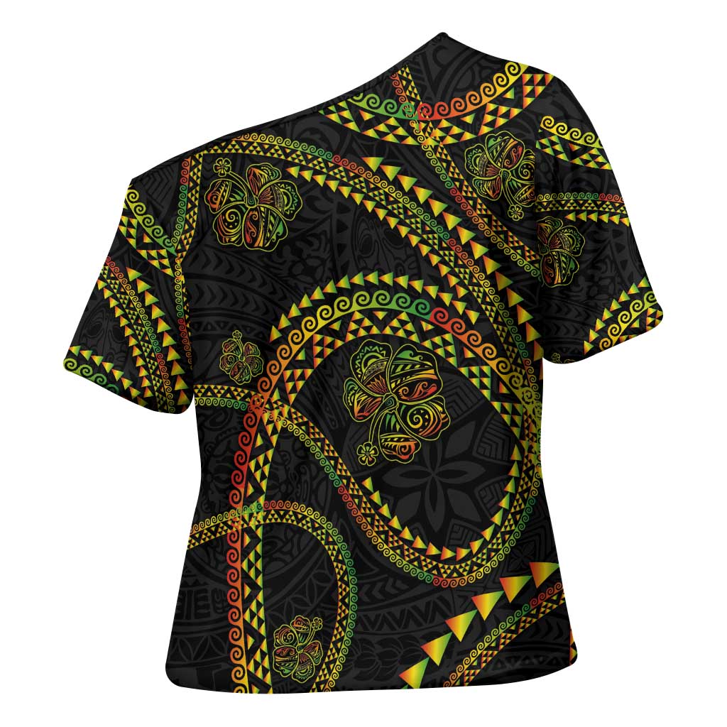 Hawaiian Kakau Art and Hisbiscus Tattoo Cross Shoulder Shirt Tribal Pattern-Reggae Style - Polynesian Pride