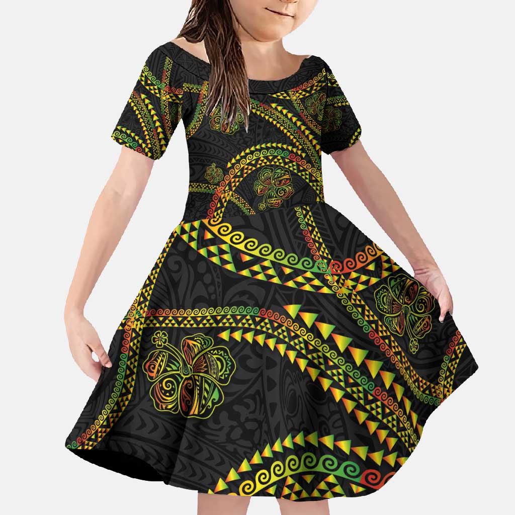 Hawaiian Kakau Art and Hisbiscus Tattoo Family Matching Long Sleeve Bodycon Dress and Hawaiian Shirt Tribal Pattern-Reggae Style - Polynesian Pride