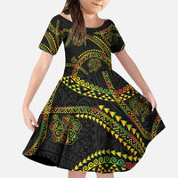 Hawaiian Kakau Art and Hisbiscus Tattoo Family Matching Long Sleeve Bodycon Dress and Hawaiian Shirt Tribal Pattern-Reggae Style - Polynesian Pride