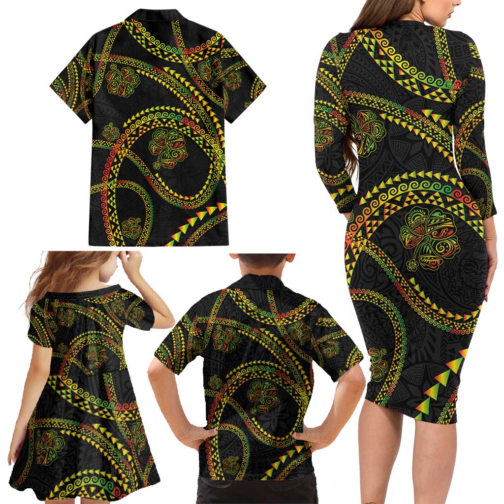 Hawaiian Kakau Art and Hisbiscus Tattoo Family Matching Long Sleeve Bodycon Dress and Hawaiian Shirt Tribal Pattern-Reggae Style - Polynesian Pride