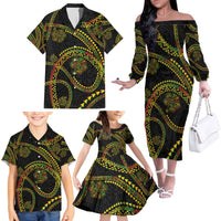 Hawaiian Kakau Art and Hisbiscus Tattoo Family Matching Off The Shoulder Long Sleeve Dress and Hawaiian Shirt Tribal Pattern-Reggae Style - Polynesian Pride