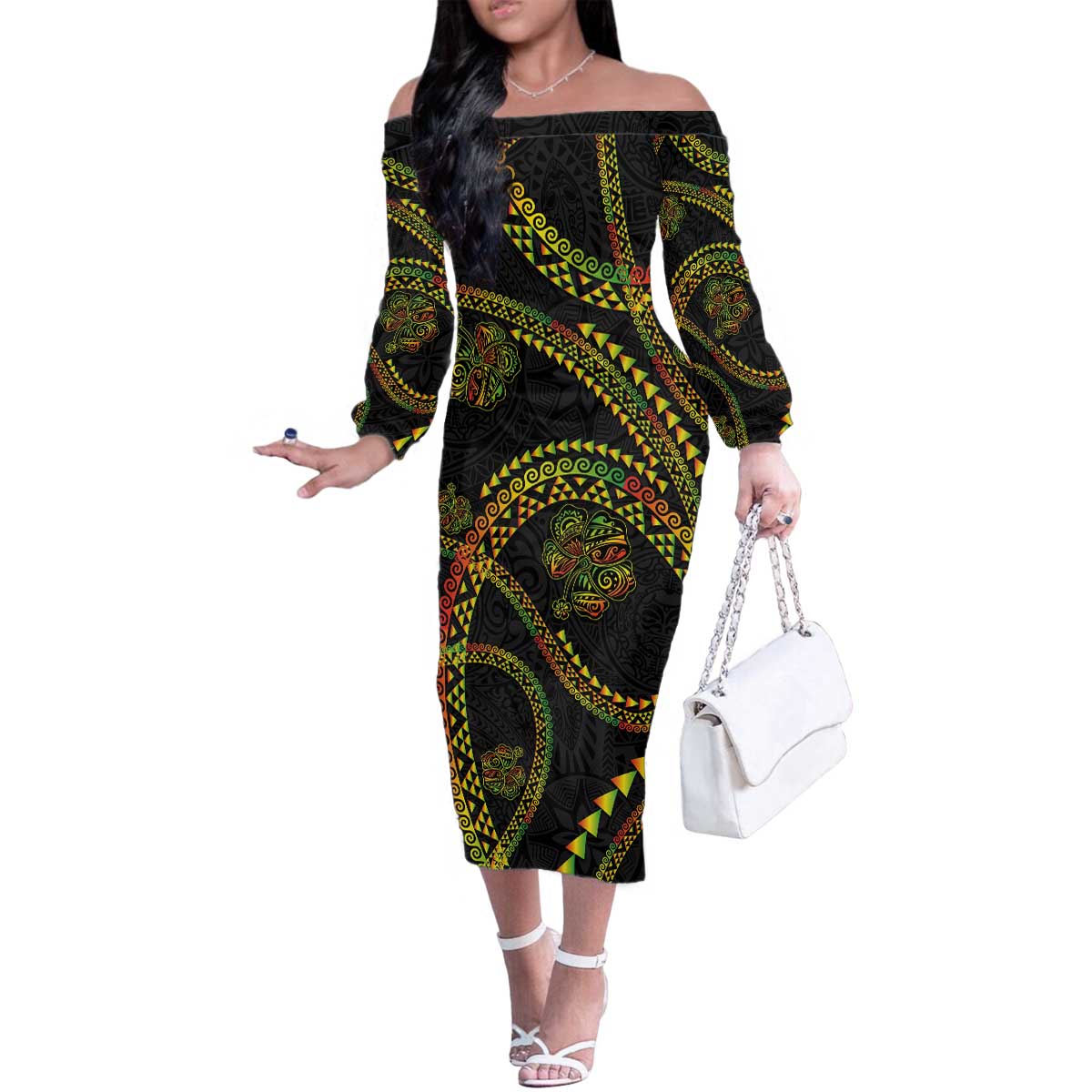 Hawaiian Kakau Art and Hisbiscus Tattoo Family Matching Off The Shoulder Long Sleeve Dress and Hawaiian Shirt Tribal Pattern-Reggae Style - Polynesian Pride