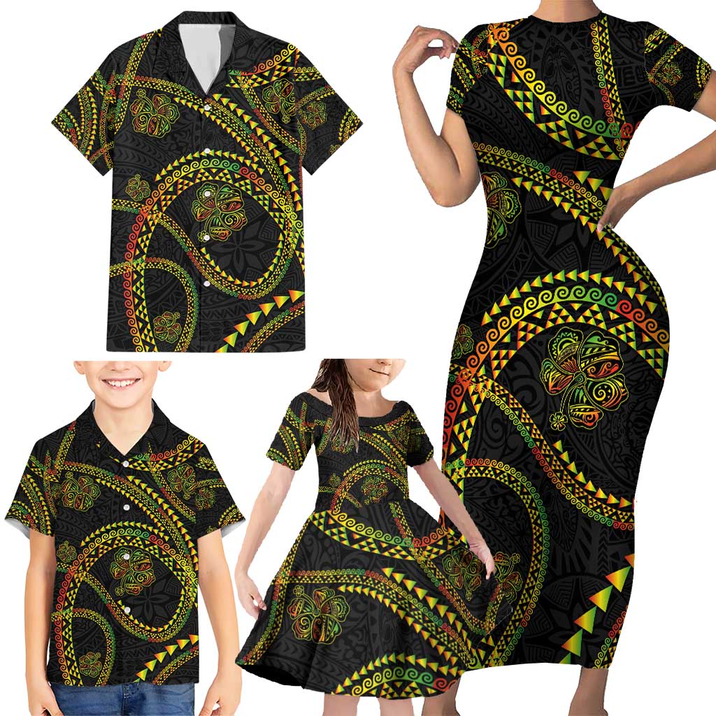 Hawaiian Kakau Art and Hisbiscus Tattoo Family Matching Short Sleeve Bodycon Dress and Hawaiian Shirt Tribal Pattern-Reggae Style - Polynesian Pride