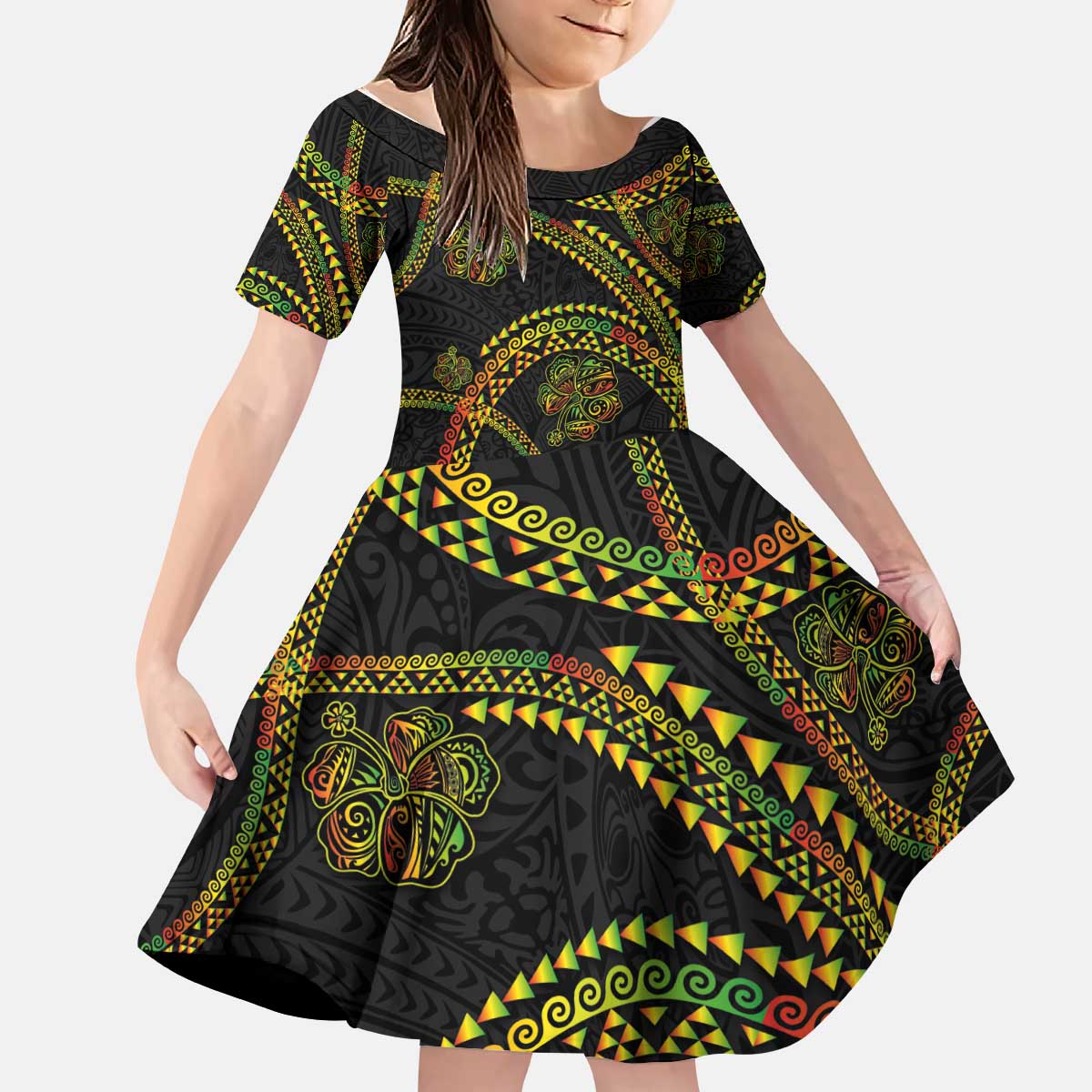 Hawaiian Kakau Art and Hisbiscus Tattoo Kid Short Sleeve Dress Tribal Pattern-Reggae Style - Polynesian Pride