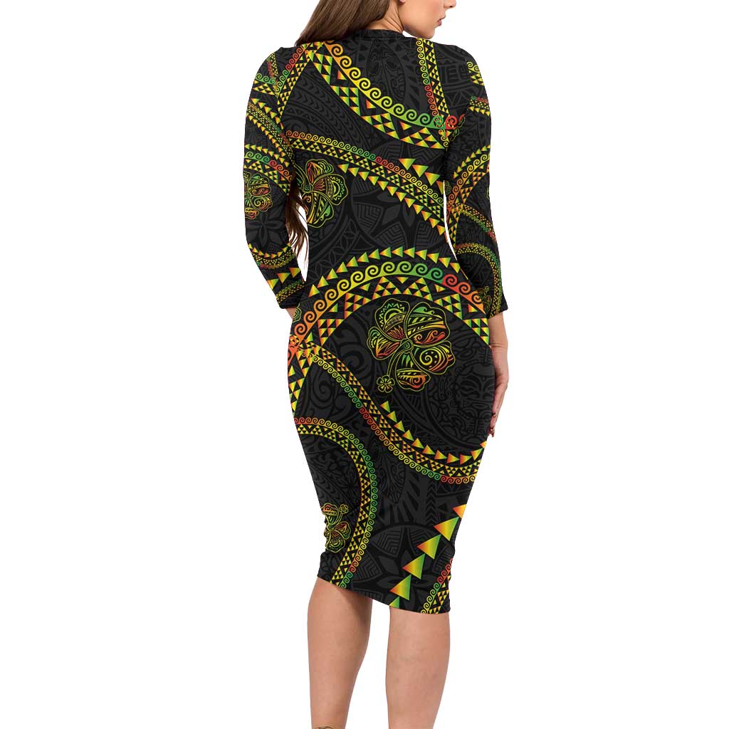 Hawaiian Kakau Art and Hisbiscus Tattoo Long Sleeve Bodycon Dress Tribal Pattern-Reggae Style - Polynesian Pride