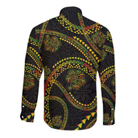 Hawaiian Kakau Art and Hisbiscus Tattoo Long Sleeve Button Shirt Tribal Pattern-Reggae Style - Polynesian Pride