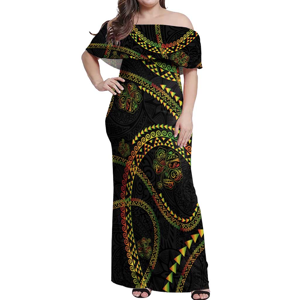 Hawaiian Kakau Art and Hisbiscus Tattoo Off Shoulder Maxi Dress Tribal Pattern-Reggae Style - Polynesian Pride