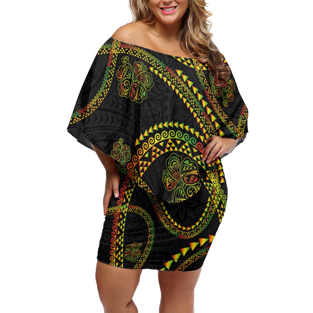 Hawaiian Kakau Art and Hisbiscus Tattoo Off Shoulder Short Dress Tribal Pattern-Reggae Style - Polynesian Pride