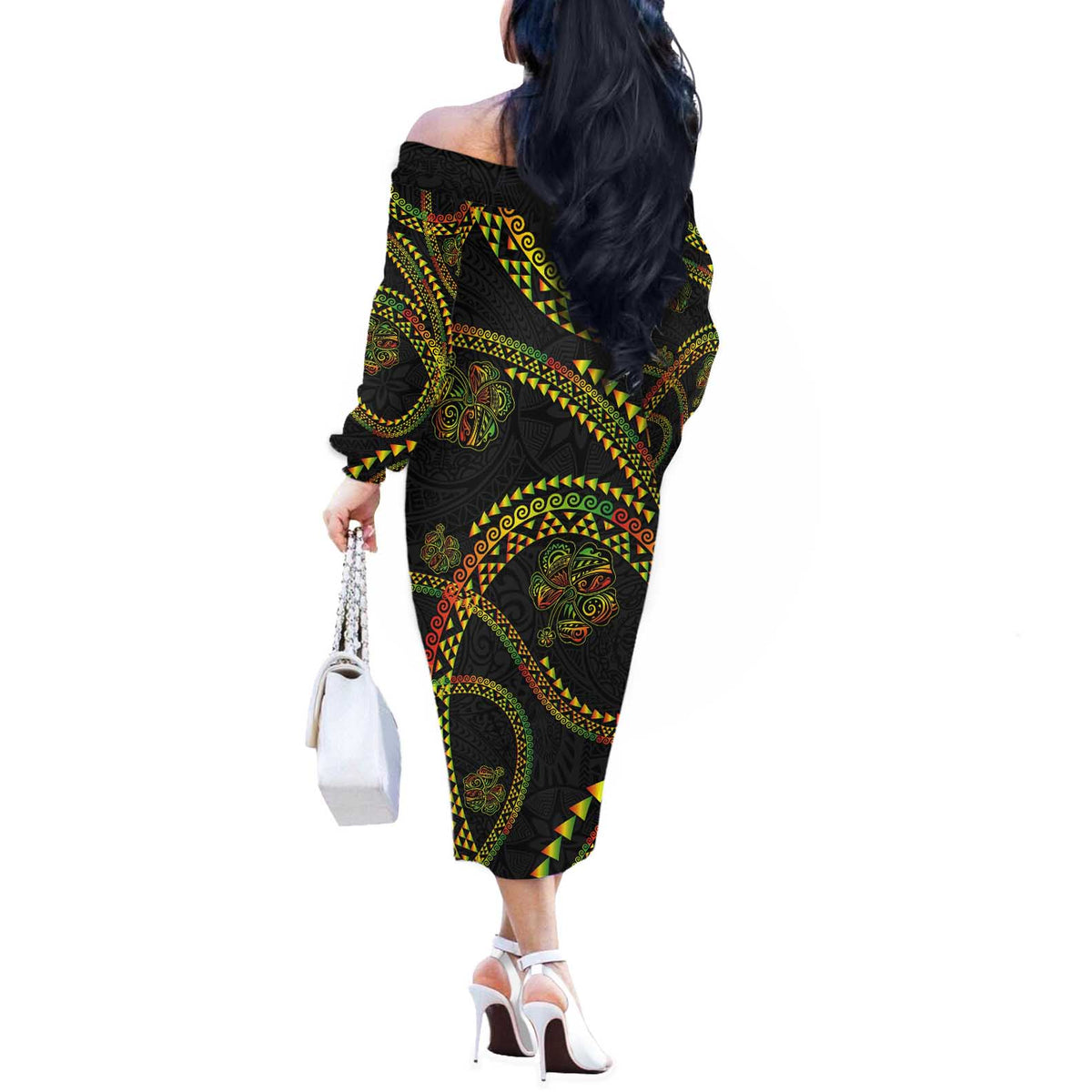 Hawaiian Kakau Art and Hisbiscus Tattoo Off The Shoulder Long Sleeve Dress Tribal Pattern-Reggae Style - Polynesian Pride
