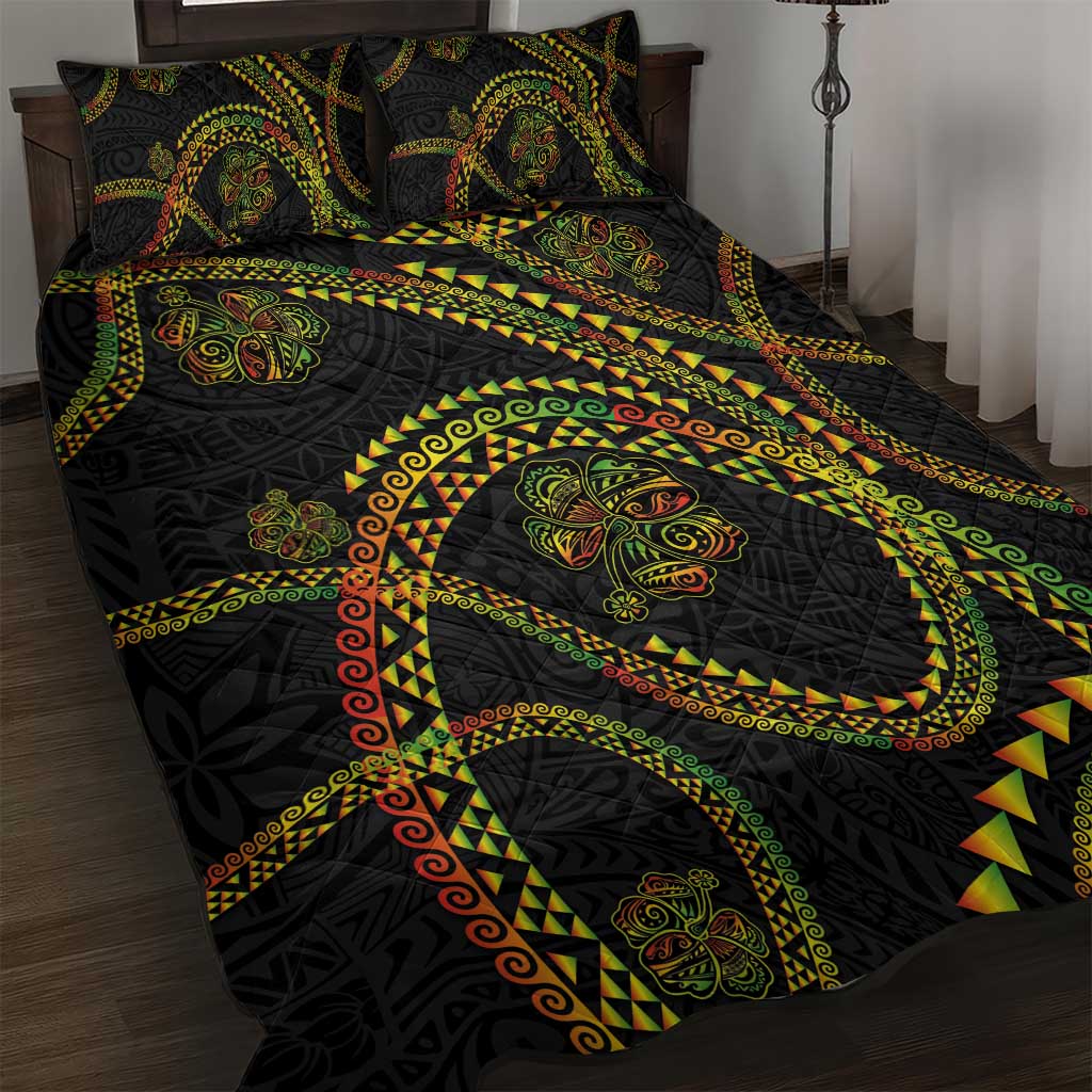 Hawaiian Kakau Art and Hisbiscus Tattoo Quilt Bed Set Tribal Pattern-Reggae Style - Polynesian Pride