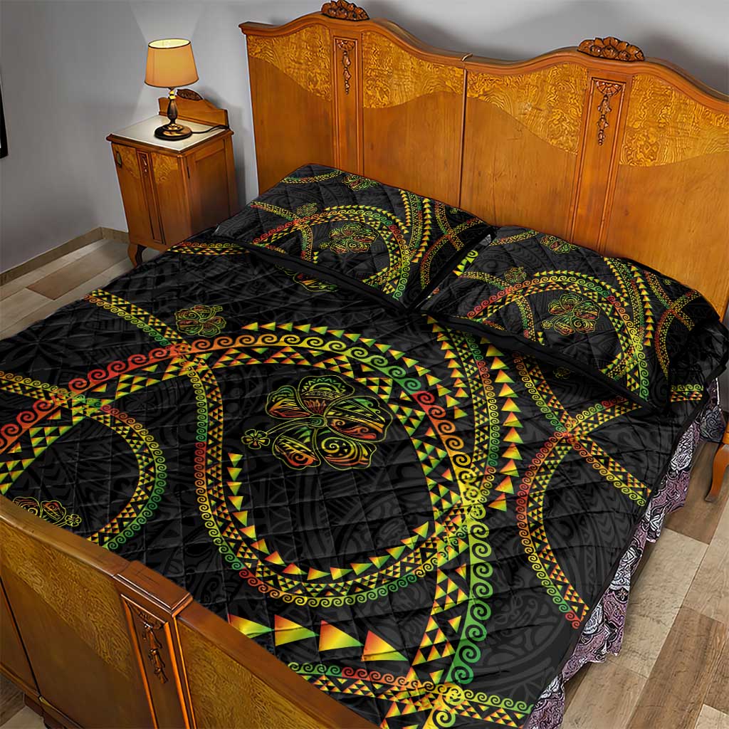 Hawaiian Kakau Art and Hisbiscus Tattoo Quilt Bed Set Tribal Pattern-Reggae Style - Polynesian Pride
