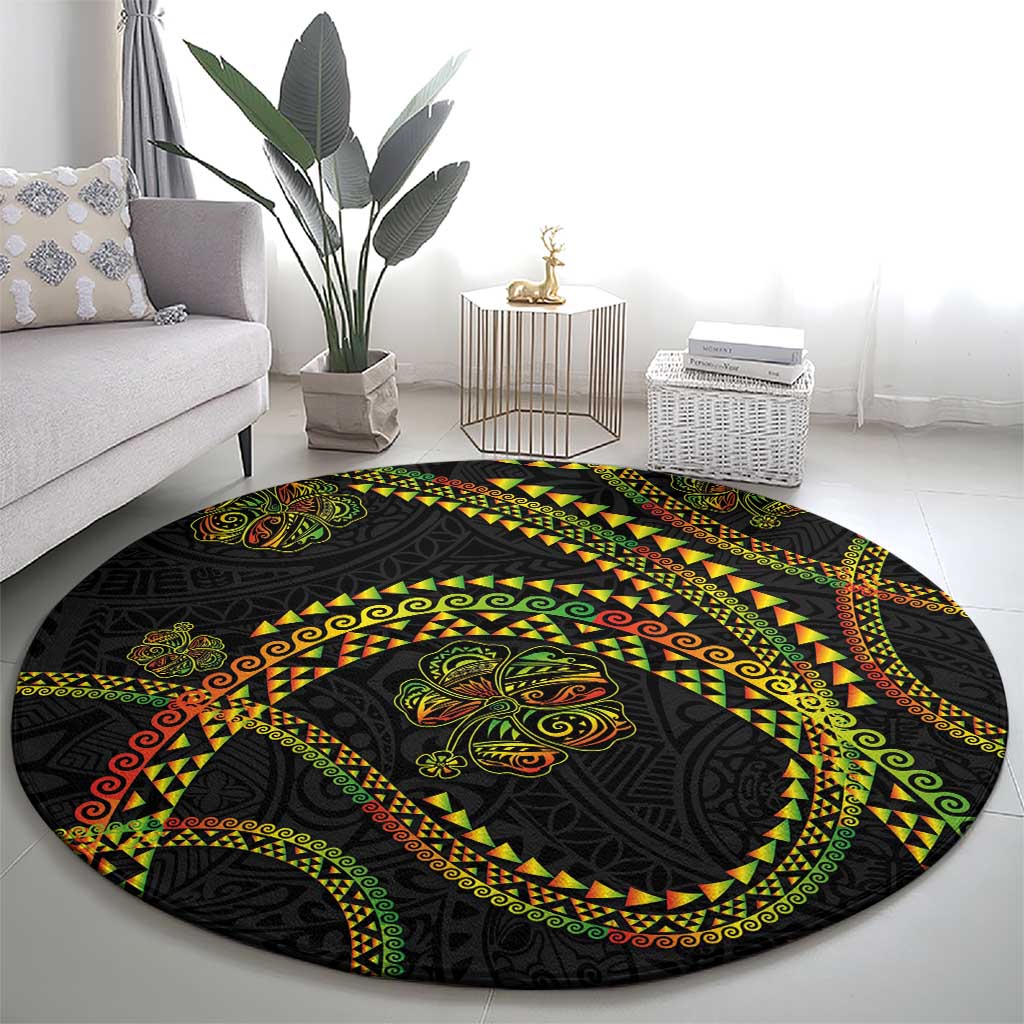Hawaiian Kakau Art and Hisbiscus Tattoo Round Carpet Tribal Pattern-Reggae Style - Polynesian Pride