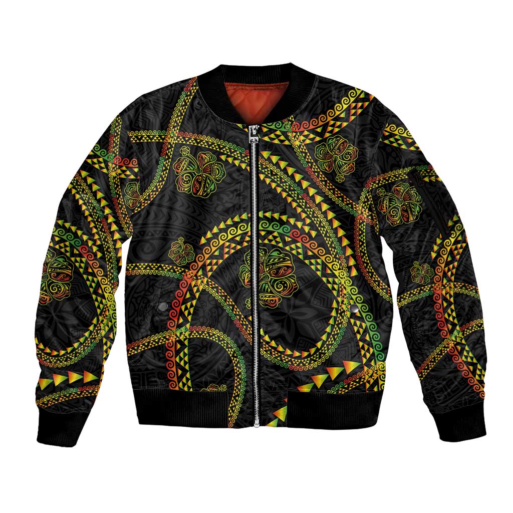 Hawaiian Kakau Art and Hisbiscus Tattoo Sleeve Zip Bomber Jacket Tribal Pattern-Reggae Style - Polynesian Pride
