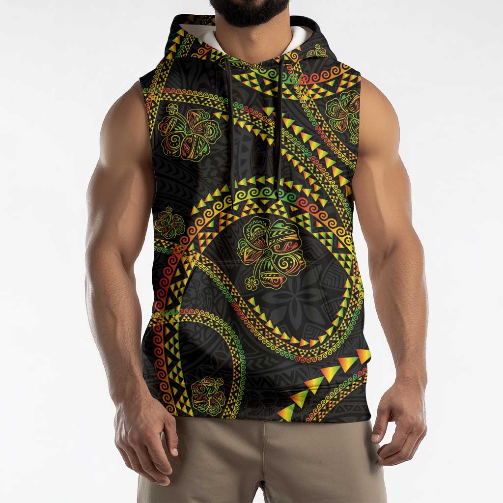 Hawaiian Kakau Art and Hisbiscus Tattoo Sleeveless Hoodie Tribal Pattern-Reggae Style - Polynesian Pride