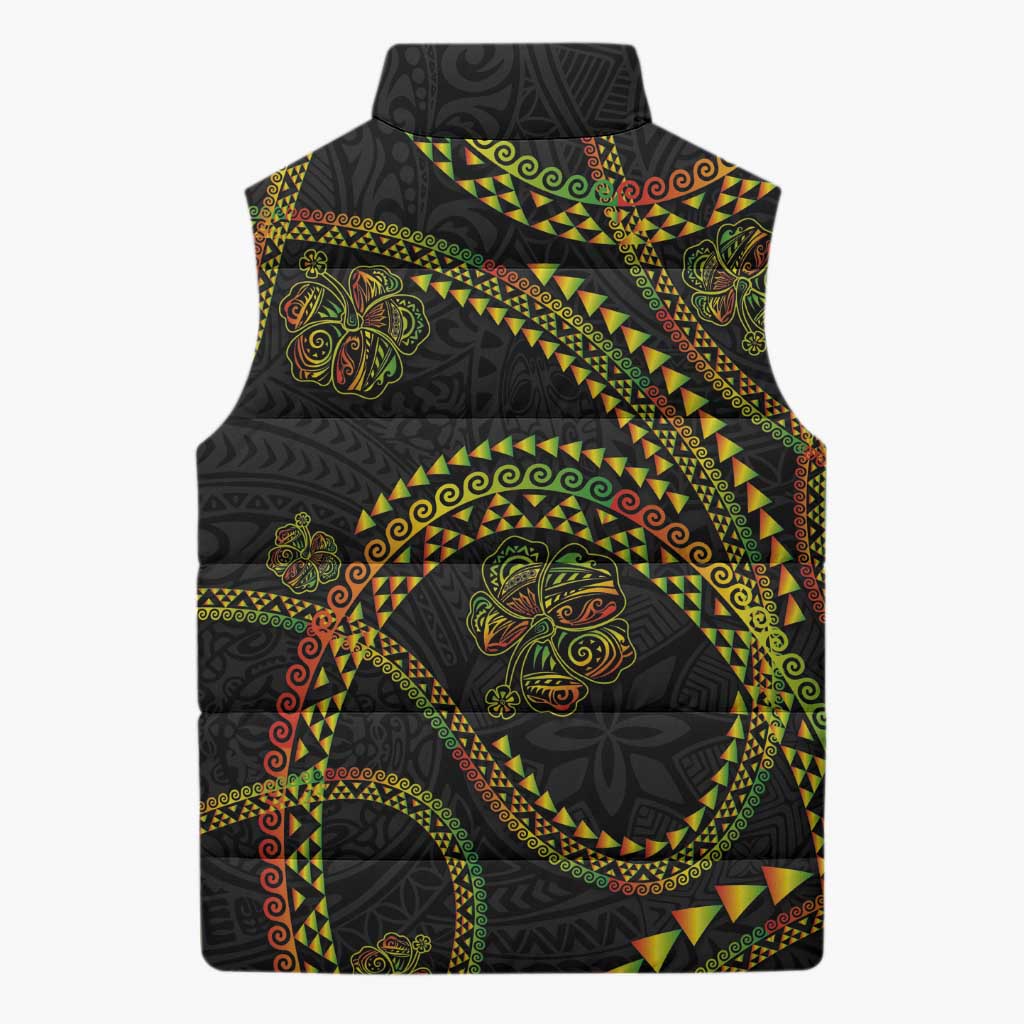 Hawaiian Kakau Art and Hisbiscus Tattoo Sleeveless Puffer Jacket Tribal Pattern-Reggae Style - Polynesian Pride
