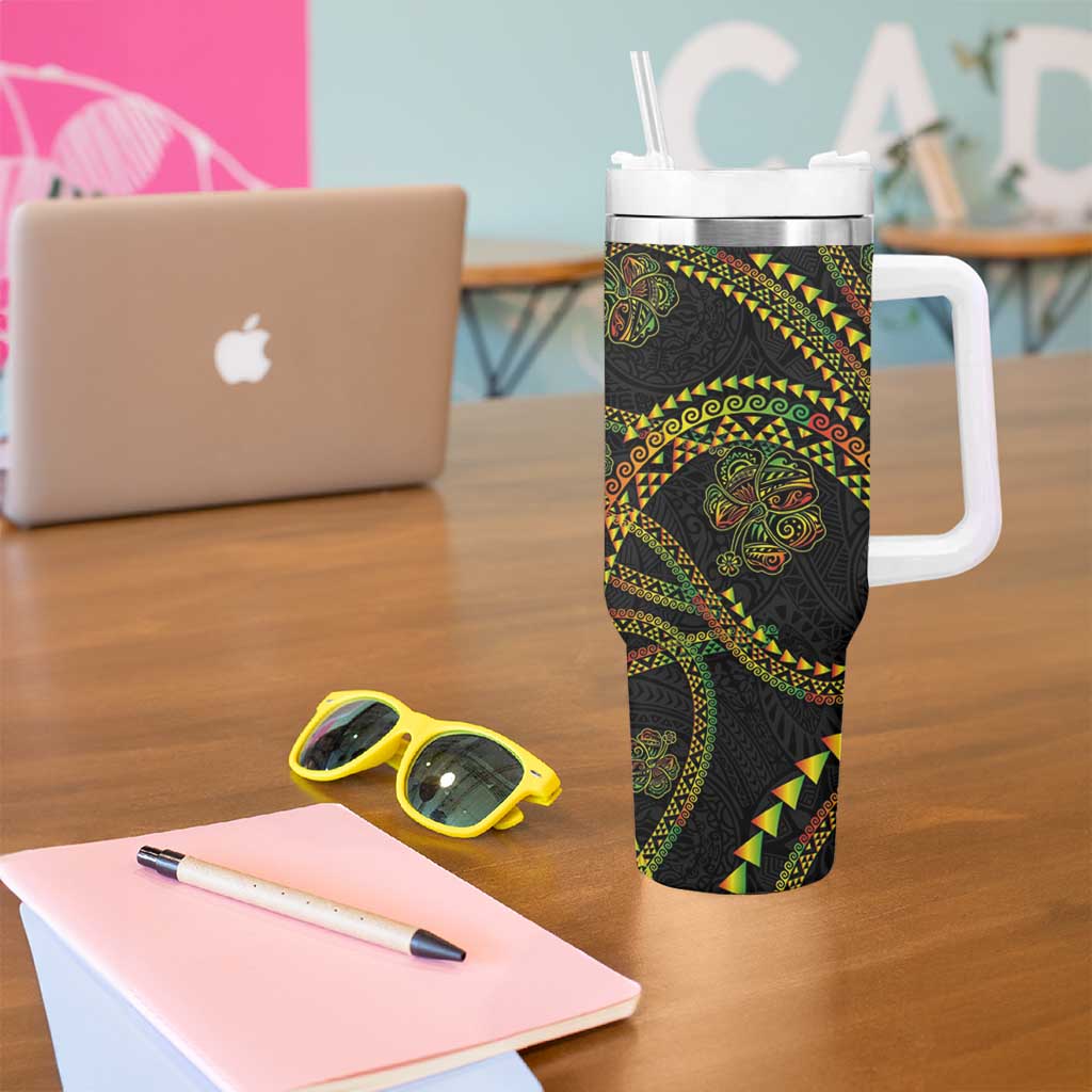 Hawaiian Kakau Art and Hisbiscus Tattoo Tumbler With Handle Tribal Pattern-Reggae Style - Polynesian Pride