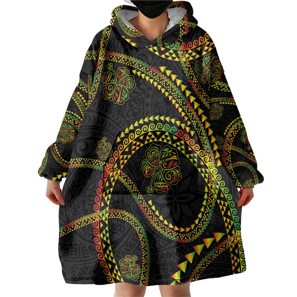 Hawaiian Kakau Art and Hisbiscus Tattoo Wearable Blanket Hoodie Tribal Pattern-Reggae Style - Polynesian Pride