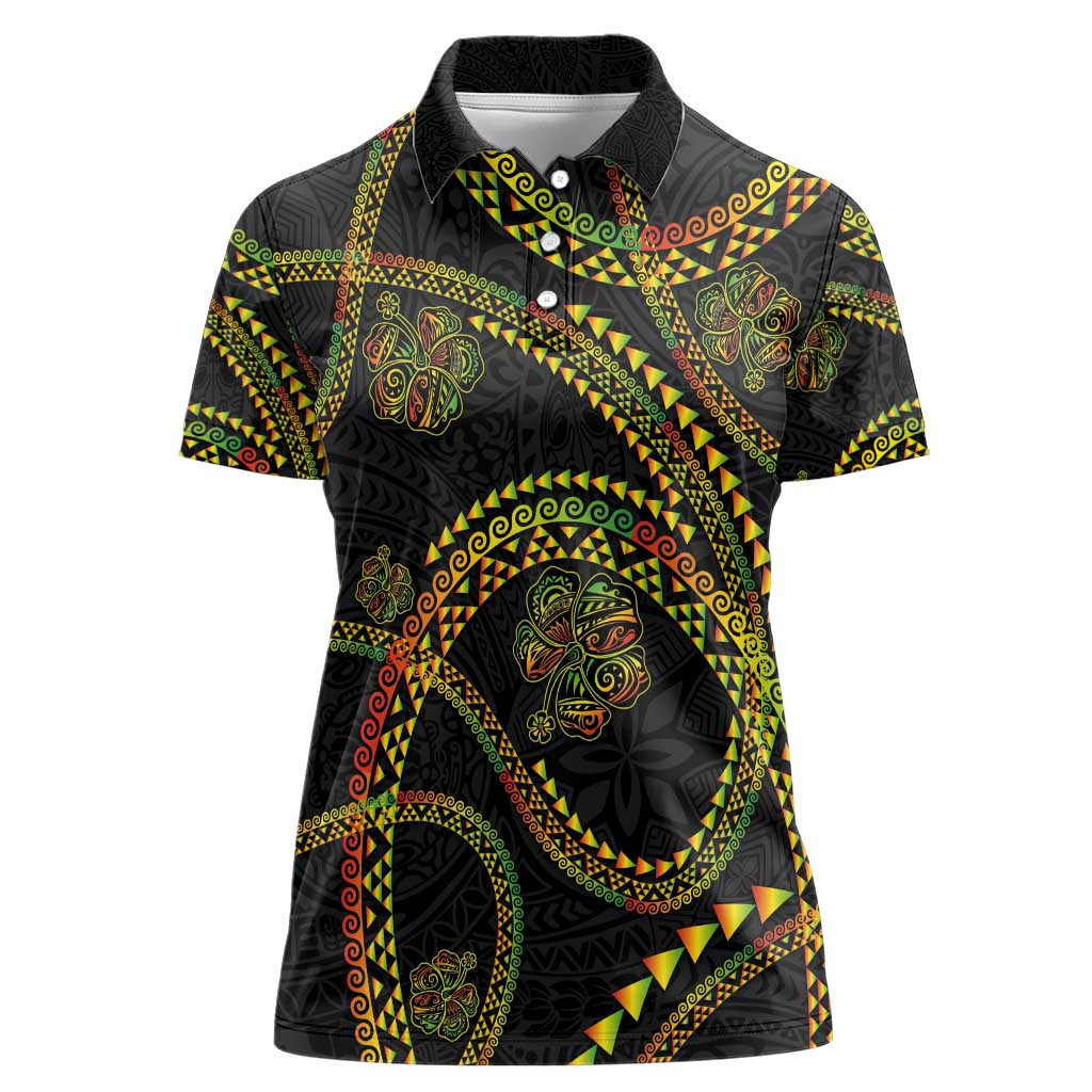Hawaiian Kakau Art and Hisbiscus Tattoo Women Polo Shirt Tribal Pattern-Reggae Style - Polynesian Pride