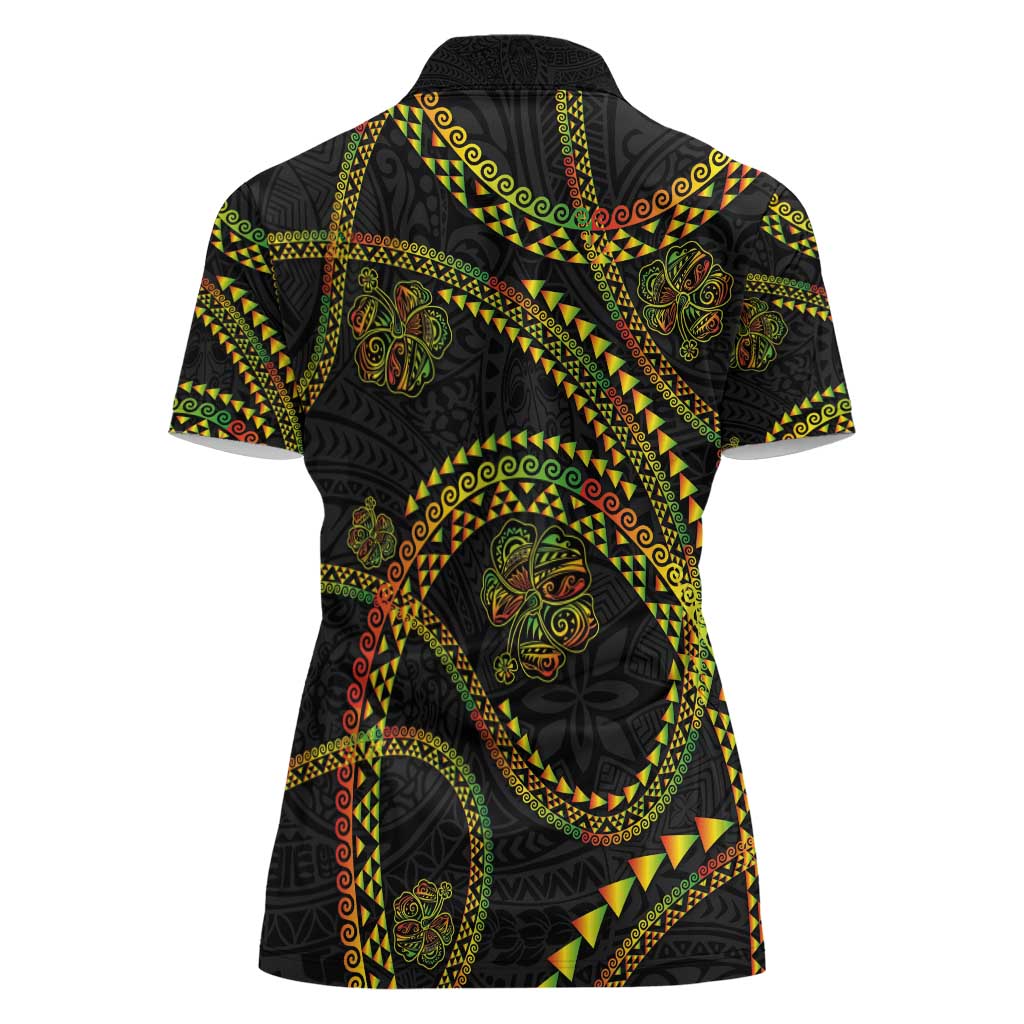 Hawaiian Kakau Art and Hisbiscus Tattoo Women Polo Shirt Tribal Pattern-Reggae Style - Polynesian Pride