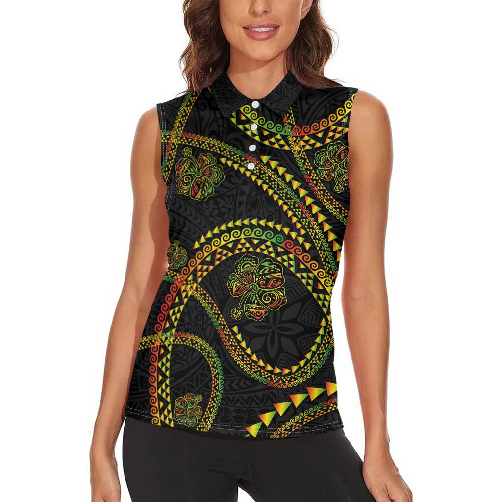Hawaiian Kakau Art and Hisbiscus Tattoo Women Sleeveless Polo Shirt Tribal Pattern-Reggae Style - Polynesian Pride