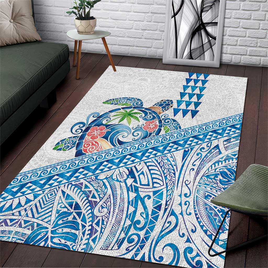 Hawaiian Abstract Sea Turtle Area Rug Polynesian Tapa Art and Kakau Tattoo White WaterColor - Polynesian Pride