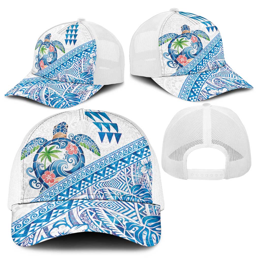 Hawaiian Abstract Sea Turtle Baseball Net Cap Polynesian Tapa Art and Kakau Tattoo White WaterColor - Polynesian Pride