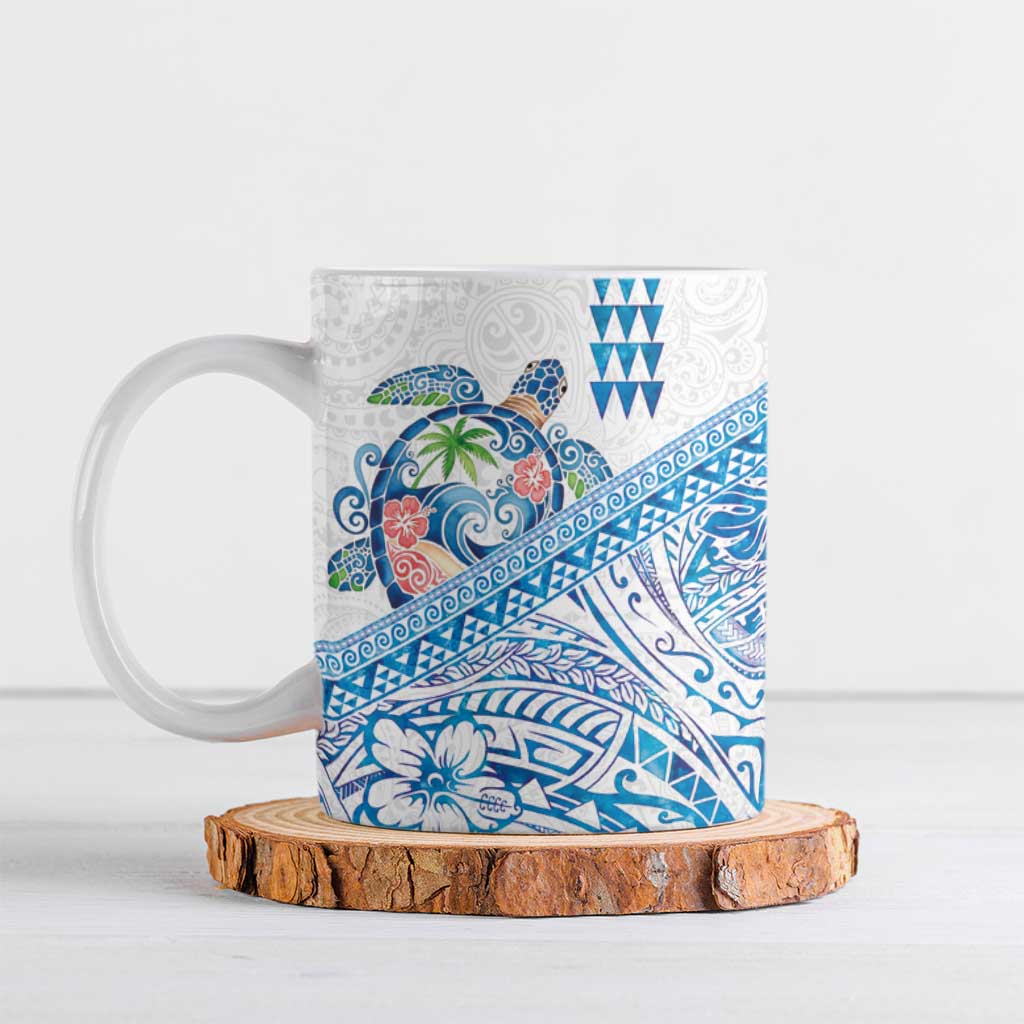 Hawaiian Abstract Sea Turtle Ceramic Mug Polynesian Tapa Art and Kakau Tattoo White WaterColor - Polynesian Pride