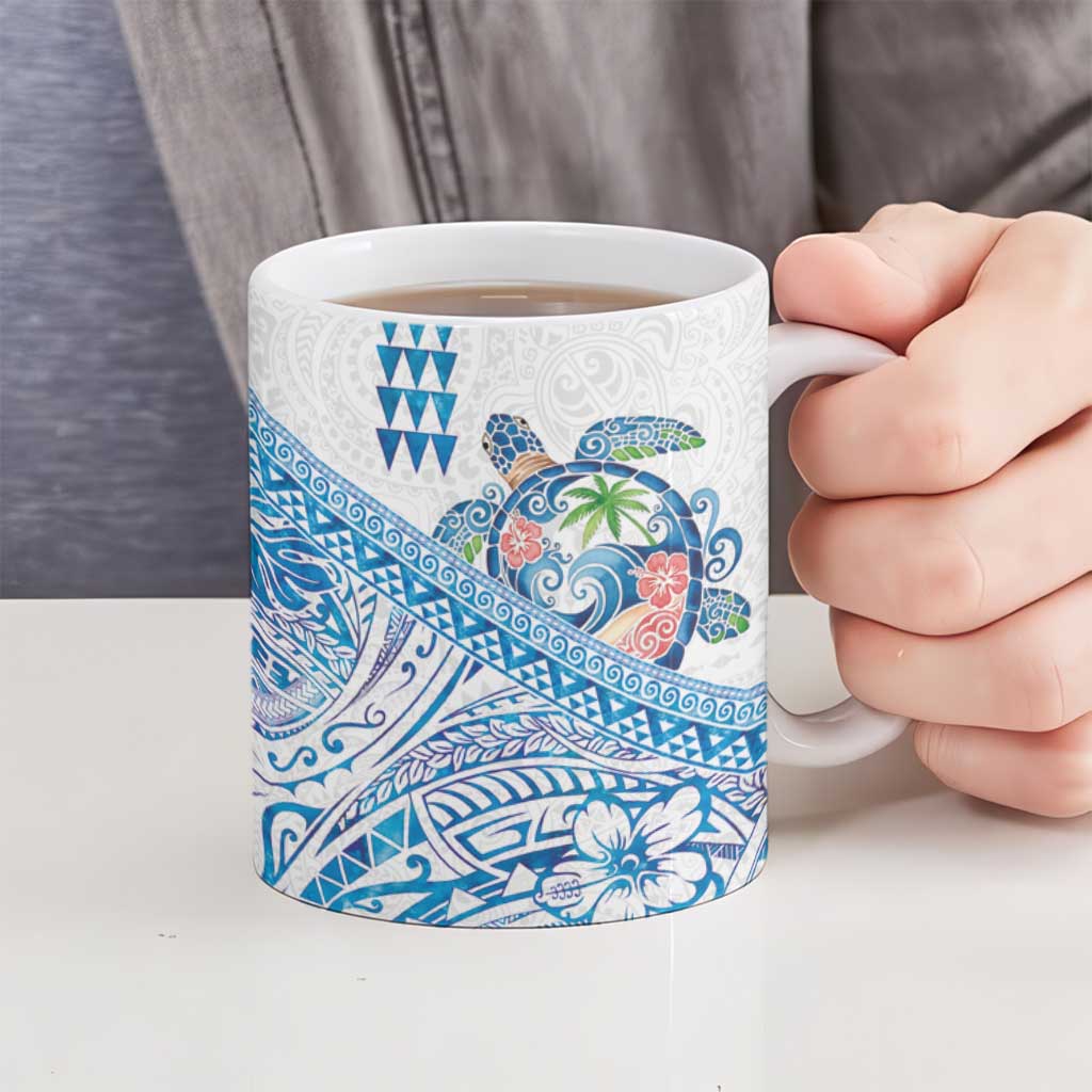 Hawaiian Abstract Sea Turtle Ceramic Mug Polynesian Tapa Art and Kakau Tattoo White WaterColor - Polynesian Pride