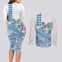 Hawaiian Abstract Sea Turtle Couples Matching Long Sleeve Bodycon Dress and Long Sleeve Button Shirt Polynesian Tapa Art and Kakau Tattoo White WaterColor - Polynesian Pride