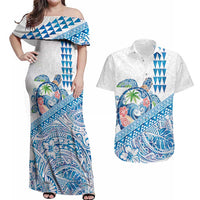 Hawaiian Abstract Sea Turtle Couples Matching Off Shoulder Maxi Dress and Hawaiian Shirt Polynesian Tapa Art and Kakau Tattoo White WaterColor - Polynesian Pride