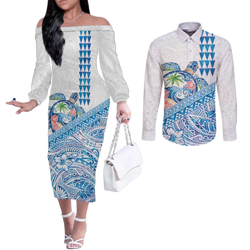 Hawaiian Abstract Sea Turtle Couples Matching Off The Shoulder Long Sleeve Dress and Long Sleeve Button Shirt Polynesian Tapa Art and Kakau Tattoo White WaterColor - Polynesian Pride