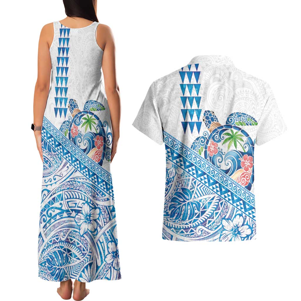 Hawaiian Abstract Sea Turtle Couples Matching Tank Maxi Dress and Hawaiian Shirt Polynesian Tapa Art and Kakau Tattoo White WaterColor - Polynesian Pride