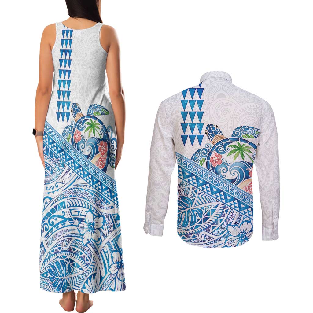 Hawaiian Abstract Sea Turtle Couples Matching Tank Maxi Dress and Long Sleeve Button Shirt Polynesian Tapa Art and Kakau Tattoo White WaterColor - Polynesian Pride