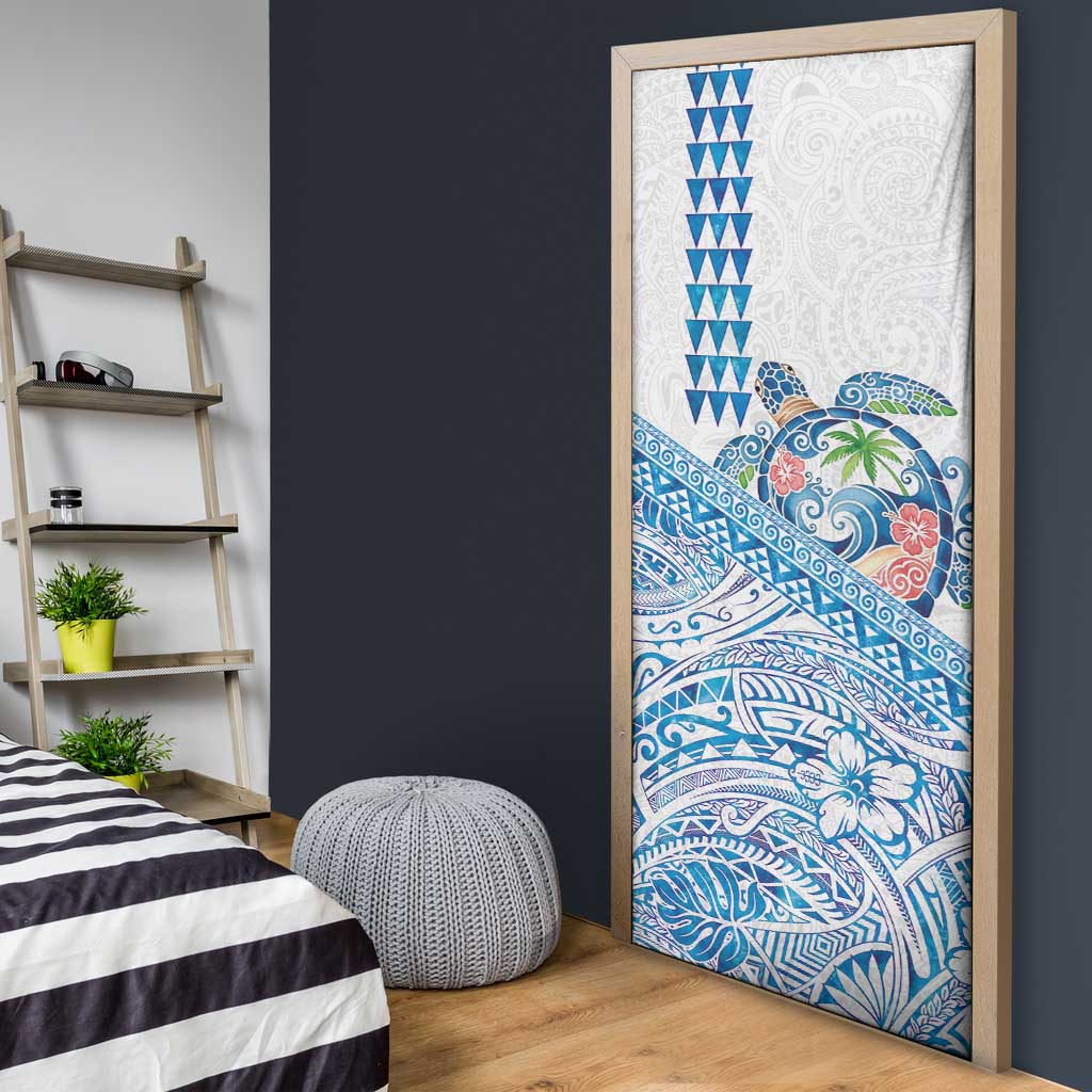 Hawaiian Abstract Sea Turtle Door Cover Polynesian Tapa Art and Kakau Tattoo White WaterColor - Polynesian Pride