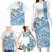 Hawaiian Abstract Sea Turtle Family Matching Long Sleeve Bodycon Dress and Hawaiian Shirt Polynesian Tapa Art and Kakau Tattoo White WaterColor - Polynesian Pride
