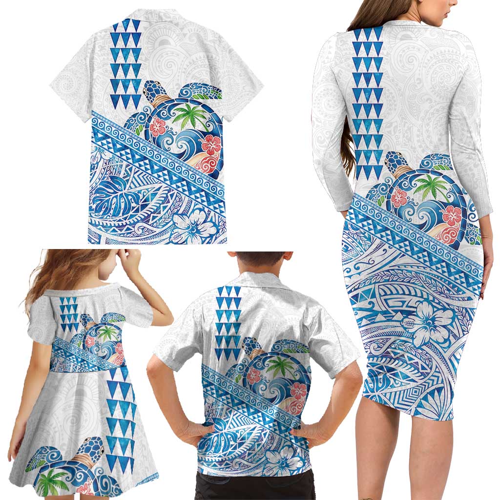 Hawaiian Abstract Sea Turtle Family Matching Long Sleeve Bodycon Dress and Hawaiian Shirt Polynesian Tapa Art and Kakau Tattoo White WaterColor - Polynesian Pride