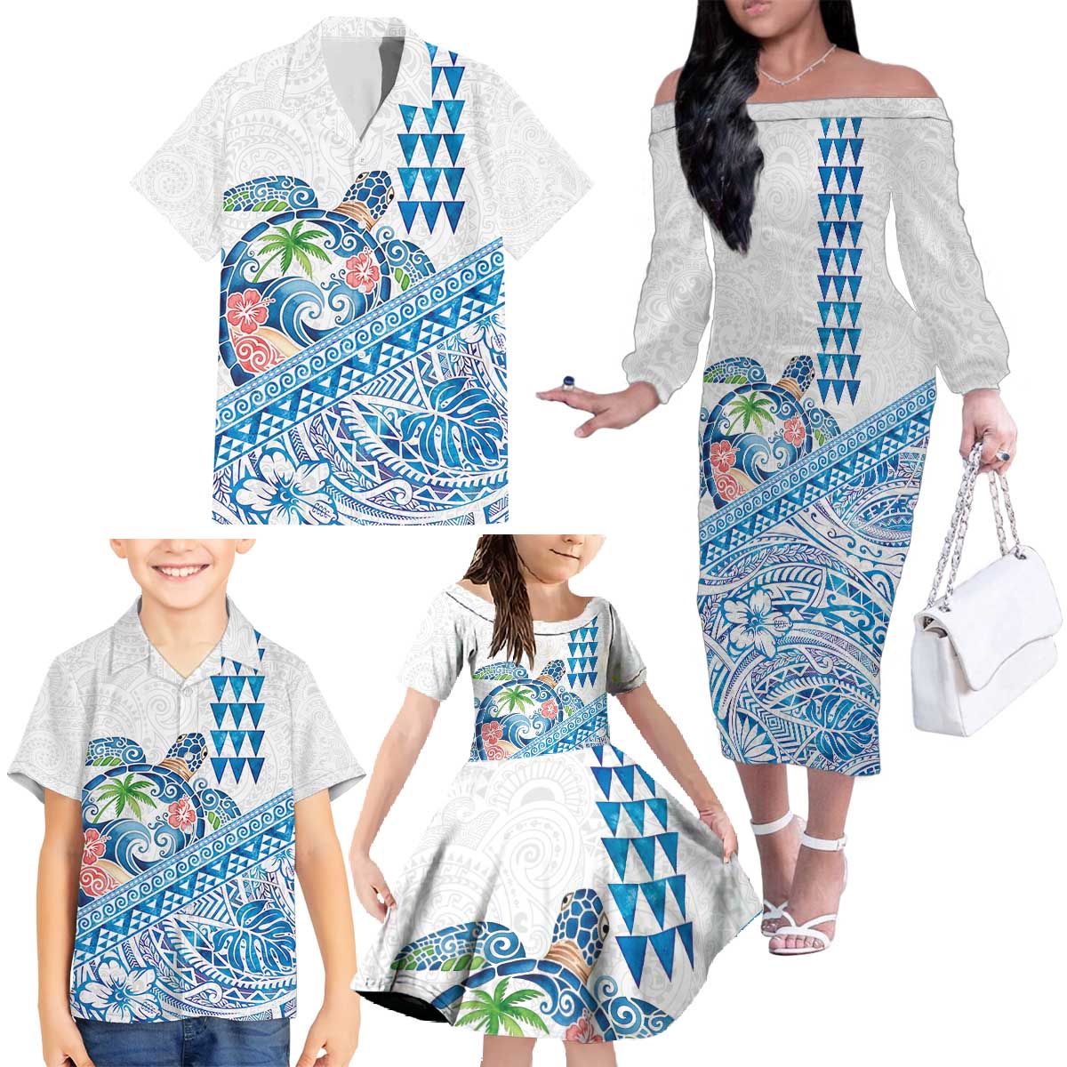 Hawaiian Abstract Sea Turtle Family Matching Off The Shoulder Long Sleeve Dress and Hawaiian Shirt Polynesian Tapa Art and Kakau Tattoo White WaterColor - Polynesian Pride
