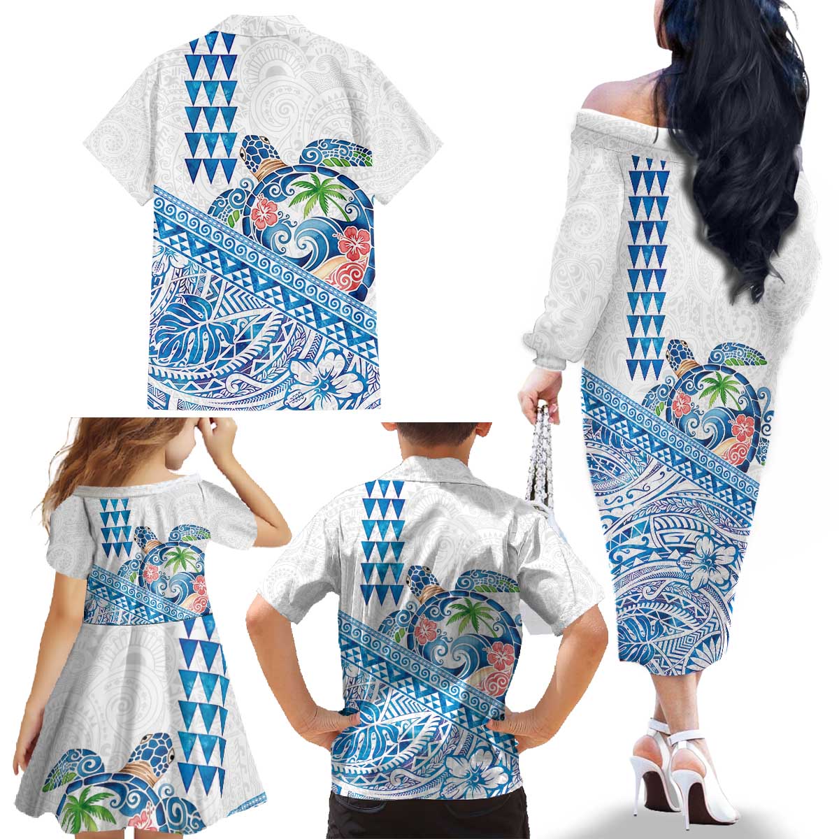 Hawaiian Abstract Sea Turtle Family Matching Off The Shoulder Long Sleeve Dress and Hawaiian Shirt Polynesian Tapa Art and Kakau Tattoo White WaterColor - Polynesian Pride