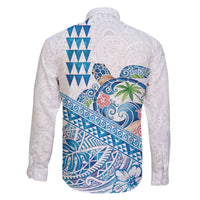 Hawaiian Abstract Sea Turtle Family Matching Off The Shoulder Long Sleeve Dress and Hawaiian Shirt Polynesian Tapa Art and Kakau Tattoo White WaterColor - Polynesian Pride