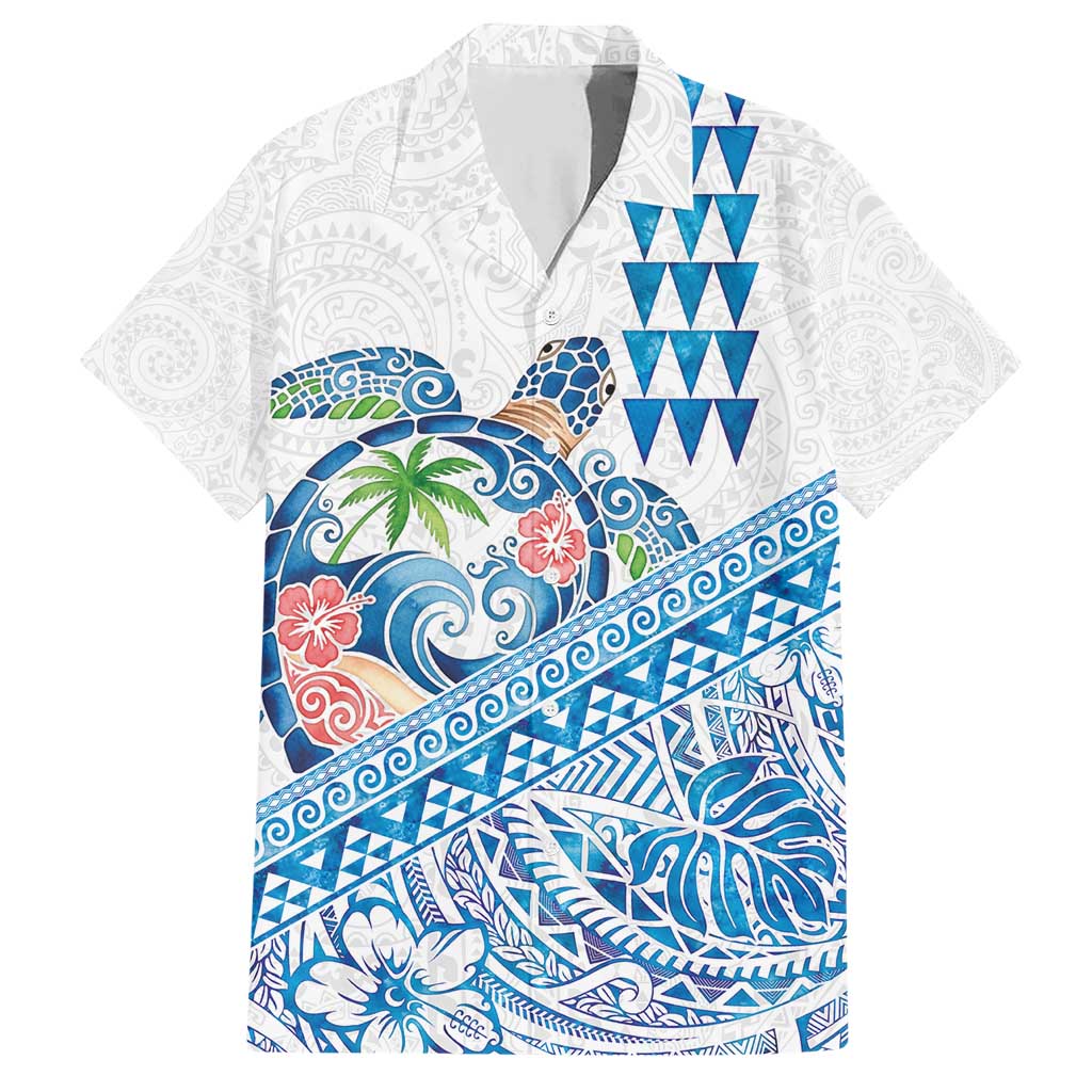 Hawaiian Abstract Sea Turtle Family Matching Short Sleeve Bodycon Dress and Hawaiian Shirt Polynesian Tapa Art and Kakau Tattoo White WaterColor - Polynesian Pride