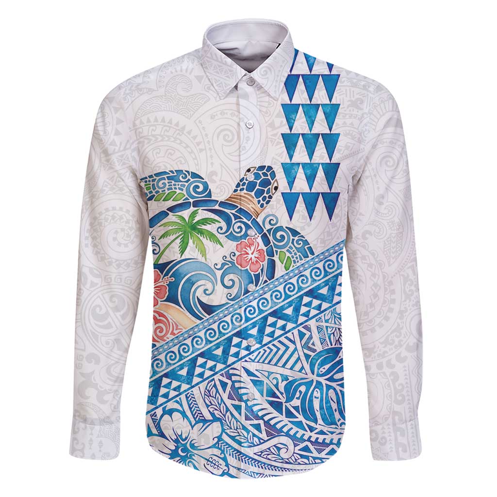 Hawaiian Abstract Sea Turtle Family Matching Summer Maxi Dress and Hawaiian Shirt Polynesian Tapa Art and Kakau Tattoo White WaterColor - Polynesian Pride