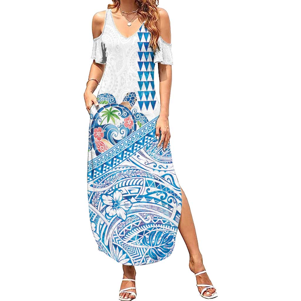 Hawaiian Abstract Sea Turtle Family Matching Summer Maxi Dress and Hawaiian Shirt Polynesian Tapa Art and Kakau Tattoo White WaterColor - Polynesian Pride