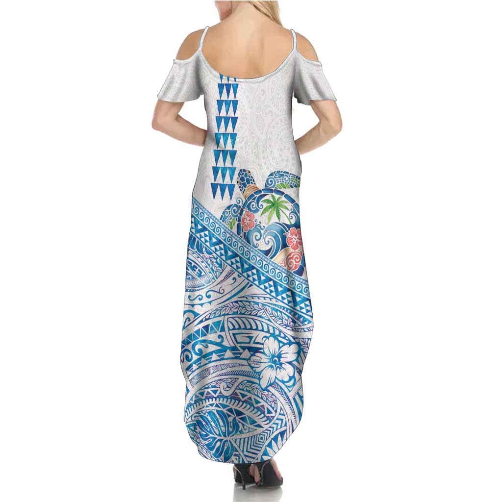 Hawaiian Abstract Sea Turtle Family Matching Summer Maxi Dress and Hawaiian Shirt Polynesian Tapa Art and Kakau Tattoo White WaterColor - Polynesian Pride