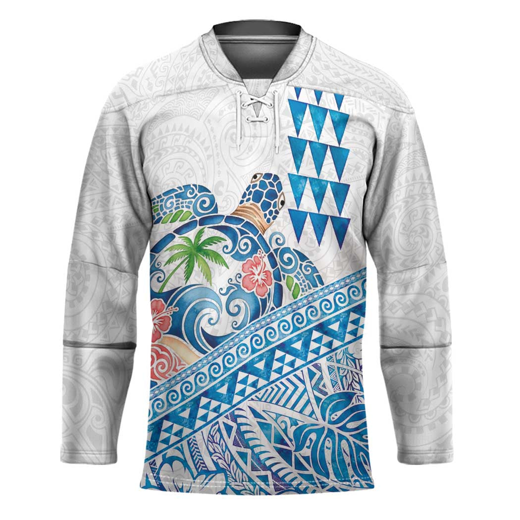 Hawaiian Abstract Sea Turtle Hockey Jersey Polynesian Tapa Art and Kakau Tattoo White WaterColor - Polynesian Pride