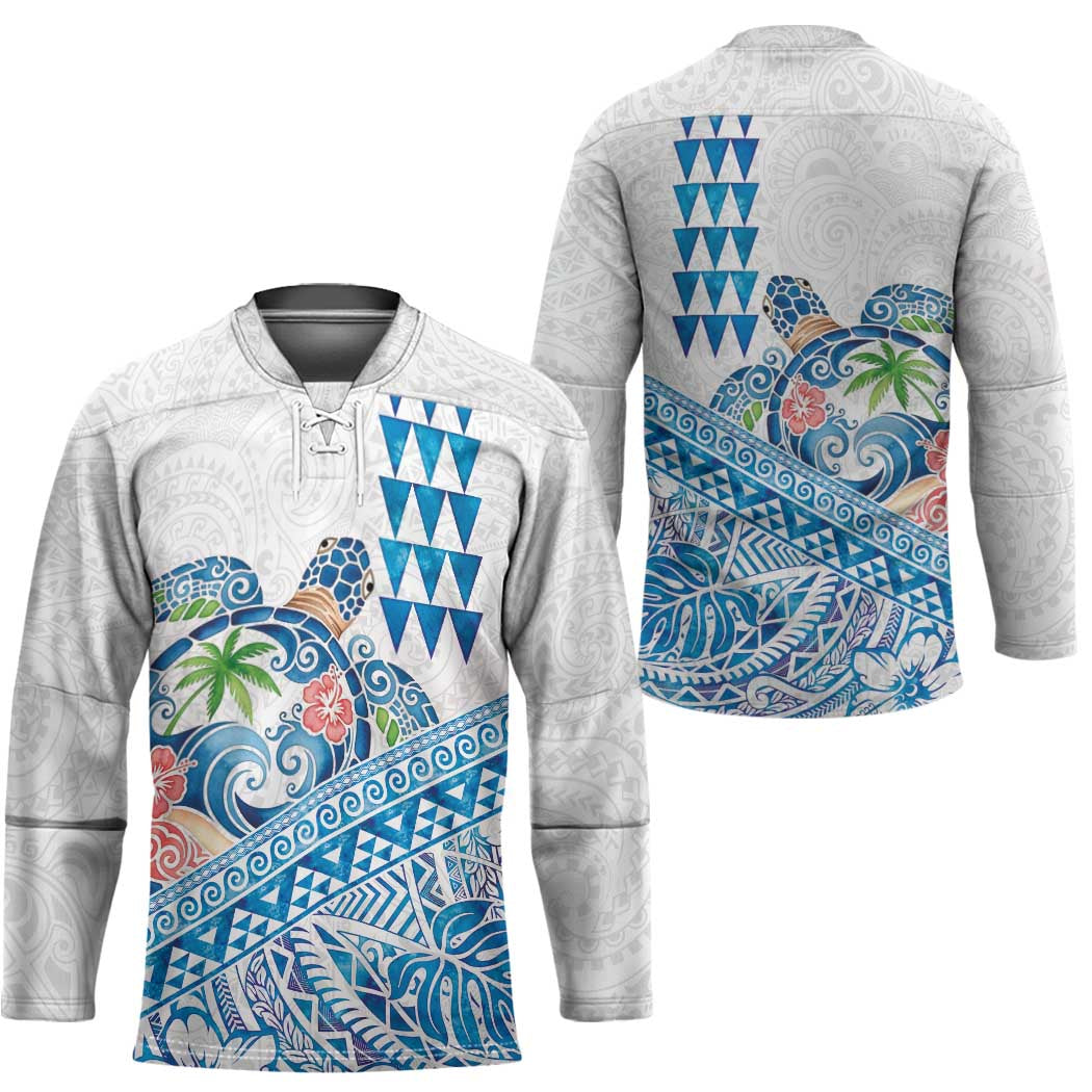 Hawaiian Abstract Sea Turtle Hockey Jersey Polynesian Tapa Art and Kakau Tattoo White WaterColor - Polynesian Pride