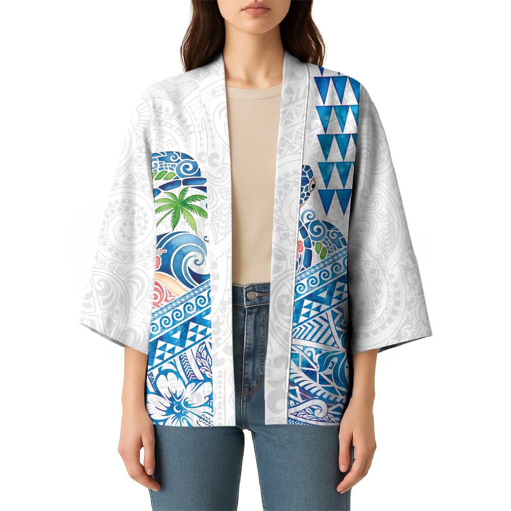 Hawaiian Abstract Sea Turtle Kimono Polynesian Tapa Art and Kakau Tattoo White WaterColor - Polynesian Pride