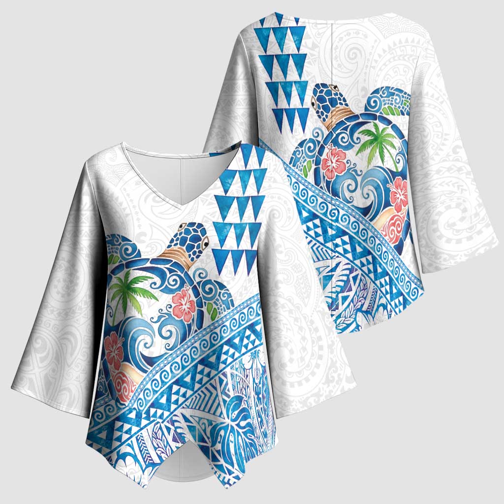 Hawaiian Abstract Sea Turtle Kimono Sleeve Blouse Polynesian Tapa Art and Kakau Tattoo White WaterColor - Polynesian Pride