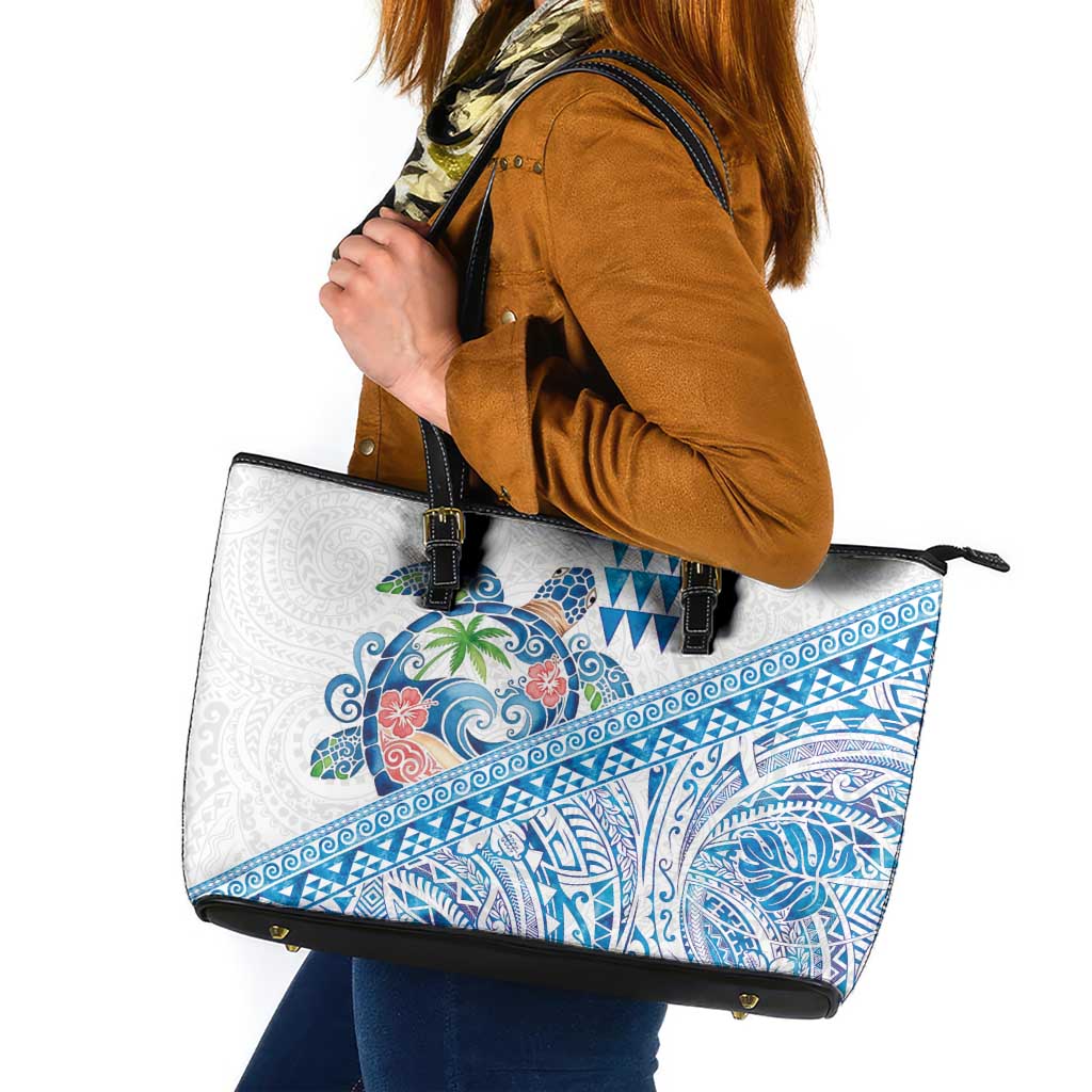 Hawaiian Abstract Sea Turtle Leather Tote Bag Polynesian Tapa Art and Kakau Tattoo White WaterColor - Polynesian Pride