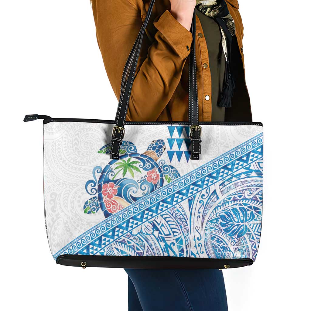 Hawaiian Abstract Sea Turtle Leather Tote Bag Polynesian Tapa Art and Kakau Tattoo White WaterColor - Polynesian Pride