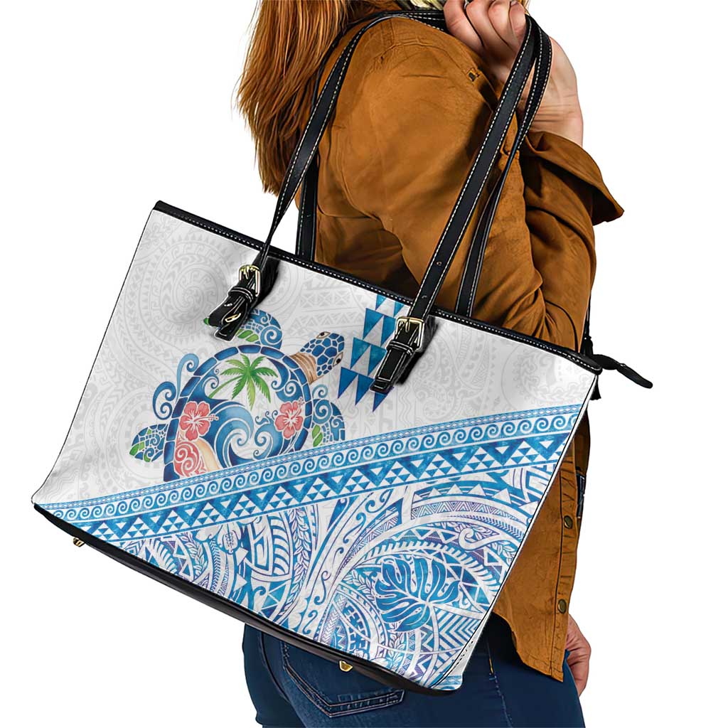 Hawaiian Abstract Sea Turtle Leather Tote Bag Polynesian Tapa Art and Kakau Tattoo White WaterColor - Polynesian Pride